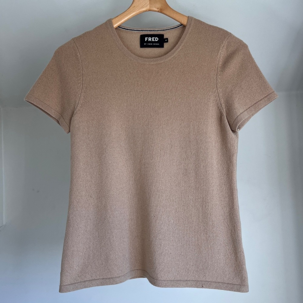 Fred by Fred‎ Segal Cashmere Short Sleeve Knit Top Size M Tan Camel Crew Neck